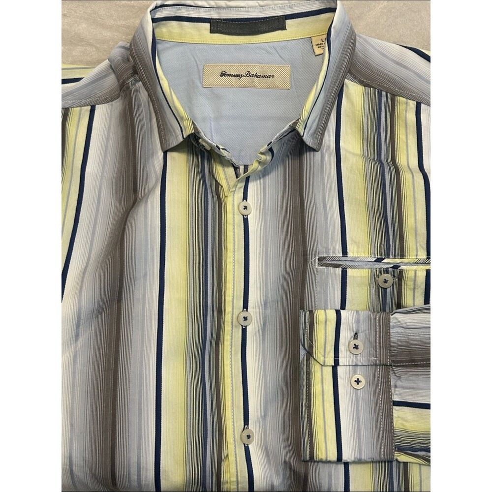 Tommy Bahama Shirt Mens Large Gray Yellow Striped Cotton Silk Button Up LS L